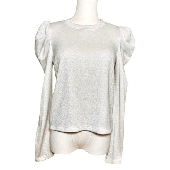 CeCe Silver Sparkle Off White Puff Sleeve Sweater Medium Holiday - Picture 1 of 6